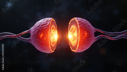 Dividing cells in mid-mitosis, glowing chromosomal light bridges
