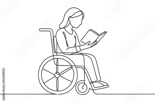 Illustration of a person reading a book while seated in a wheelchair during a quiet afternoon indoors