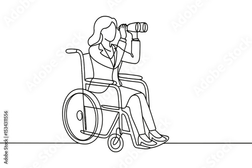 Person in wheelchair using binoculars to observe distant scenery in a calm outdoor environment