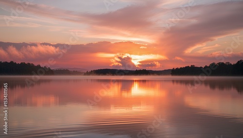 A golden sunrise over a still lake, with the early light creating a magical glow on the water 