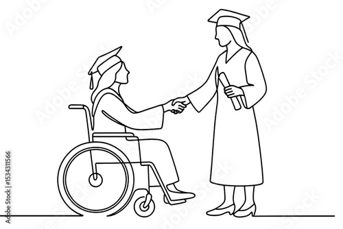 Graduation celebration with a graduate in a wheelchair shaking hands with another graduate in academic robes