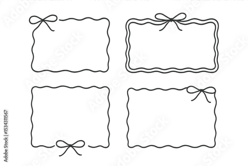 Decorative vector flat illustration of four different shaped frames with bows for creative design projects