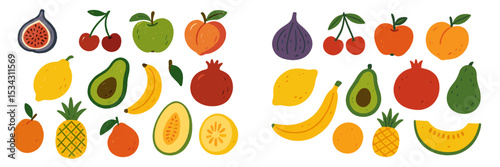 Flat vector illustration of assorted fruits arranged artistically in a colorful display with vibrant details
