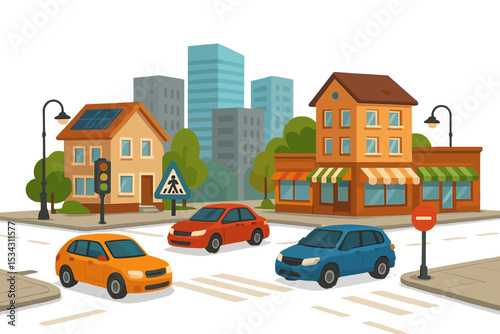 Colorful vector flat illustration of a city intersection with cars, buildings, and traffic signals during daytime