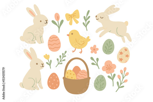 Cute rabbits, a chick, and colorful eggs in a basket create a cheerful spring illustration for festive celebrations and seasonal decor