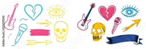 Colorful vector flat illustration of musical and emotive elements with guitars, eyes, and skulls