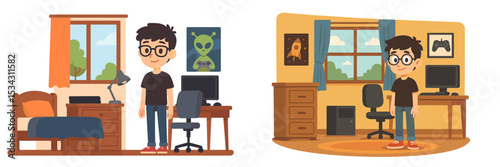 Young boy in a cozy room standing next to desk with computer and gaming setup, showcasing indoor activities at home