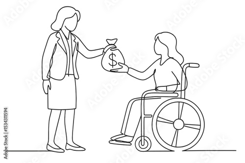 Handing over financial support to a person in a wheelchair in a caring and supportive environment