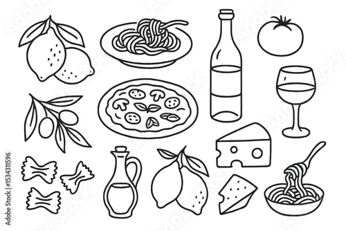 Delicious Italian food vector illustration featuring pasta, pizza, wine, and fresh ingredients in a cheerful layout