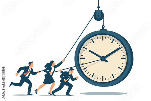 Workers tugging a large clock to represent time management in a busy office environment