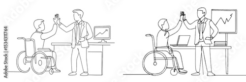 Collaboration between wheelchair user and standing colleague in a modern workspace environment highlighting teamwork and success