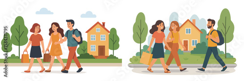 People enjoying a sunny day walking in the neighborhood while carrying shopping bags and chatting happily