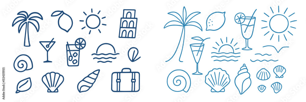 Obraz premium Vector flat illustration of summer elements including drinks, seashells, and sun icons perfect for tropical themes and beach vibes