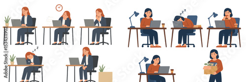 Office worker experiencing various emotions during a long day at work, from stress to relaxation and productivity