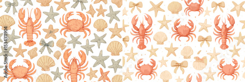 Colorful vector flat illustration featuring marine life with crabs, starfish, and seashells on a white background