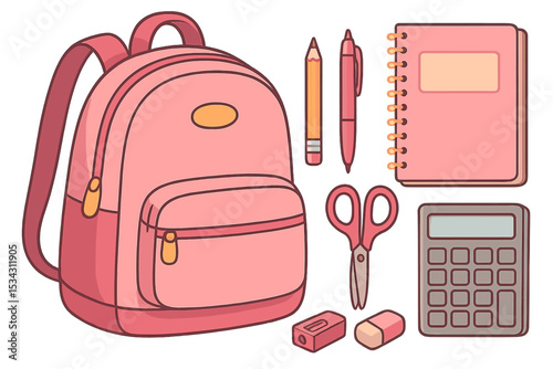 Colorful flat vector illustration of a pink backpack and school supplies arranged neatly on a desk