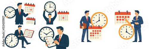 Vector illustration depicting professionals managing time and schedules in a corporate environment