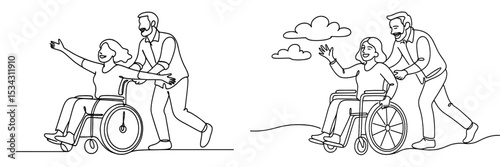 Happy couple enjoying outdoor fun with a wheelchair on a sunny day in a picturesque park setting