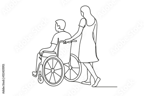 Supportive caregiver assists a child in wheelchair during a daytime stroll in a park setting