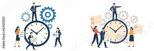 Vector flat illustration depicting teamwork and time management in a business setting with gears and documents at work