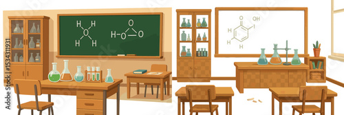Classroom interior with chemistry elements showcasing lab equipment and formulas on chalkboard