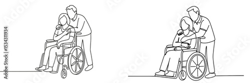 Supportive interaction between caregiver and person in wheelchair in a minimalist vector illustration
