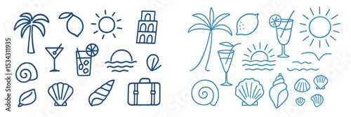 Vector flat illustration of summer elements including drinks, seashells, and sun icons perfect for tropical themes and beach vibes