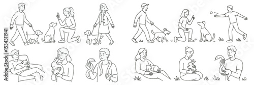 Illustration of people engaging with various pets in different everyday activities outdoors and indoors