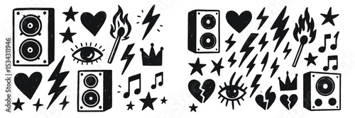 Graphic flat illustration of music symbols, hearts, and lightning bolts in a bold monochrome style