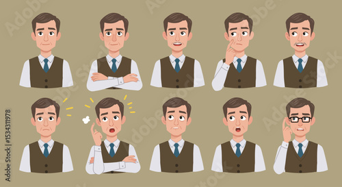 Senior Man Character: Everyday Expressions and Gestures - Vector Illustration 3
