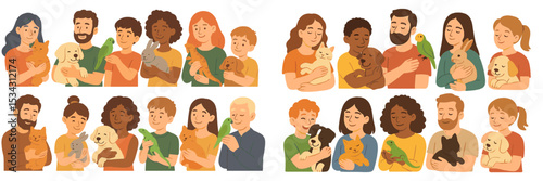 People of various ages joyfully interacting and holding different pets in a vibrant, colorful vector illustration