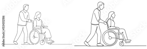 Supportive assistance in a vector illustration of a caregiver helping a person in a wheelchair during daytime activities in a neutral setting