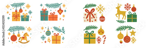 Holiday themed vector flat illustration featuring festive gifts, ornaments, and decorations in a cheerful arrangement