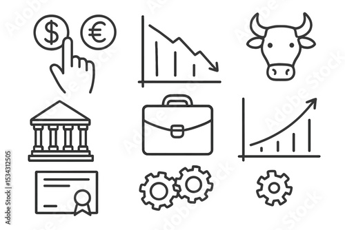Financial and economic concepts illustrated in a flat vector style showcasing currency, markets, and business elements