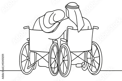 Couple in wheelchairs enjoying companionship in a serene setting with minimalistic design