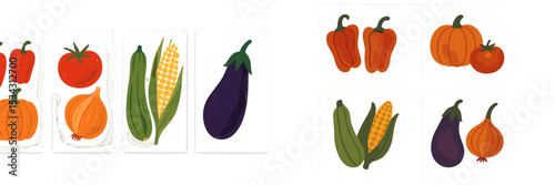 Colorful vector flat illustration of various vegetables showcasing summer harvest in a bright and cheerful setting