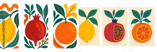 Vibrant vector flat illustration showcasing citrus fruits and pomegranate with leafy accents in a colorful design