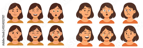 Expressions of a girl showing various emotions such as happiness, sadness, surprise, and anger in a vector flat illustration
