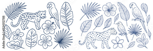 Colorful jungle flora and fauna illustration featuring exotic animals and tropical plants in a flat vector style