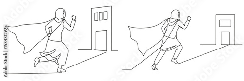 Dynamic character in a flat vector illustration running with confidence towards a building while wearing a cape and holding an umbrella