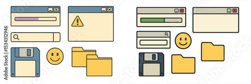 Digital workspace elements featuring interface windows, progress bars, icons, and folders in a vector flat style