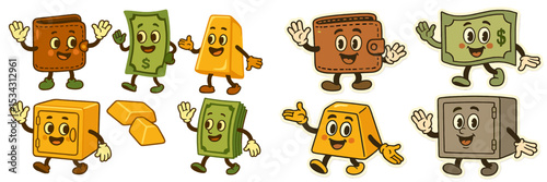 Fun vector illustration of cheerful characters representing money, wallets, and gold bars in a playful setting