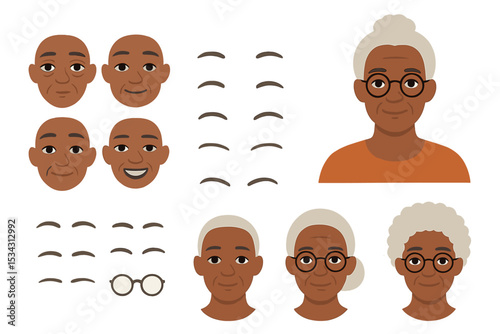 Vector flat illustration of diverse elder faces with various expressions, hairstyles, and accessories suitable for character design