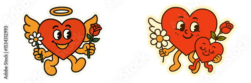 Colorful vector flat illustration of cheerful hearts with wings holding flowers, perfect for expressing love and joy in everyday life