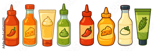 Variety of colorful condiment bottles arranged on a white background for use in food preparation and dining