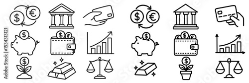 Financial symbols and concepts illustrating transactions and investment strategies in a simple design style