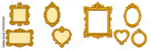 Collection of ornate golden picture frames in various shapes for decorative purposes and artistic display