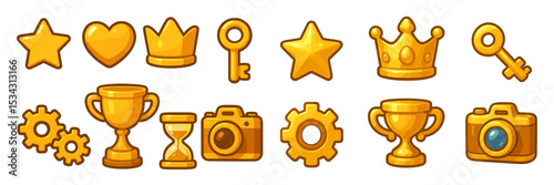 Golden icons representing achievements and rewards in playful and engaging designs suitable for various applications