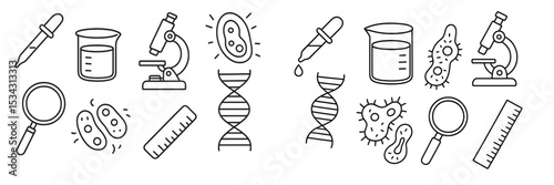 Illustration of scientific tools and microorganisms depicting research and experimentation in a laboratory setting