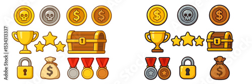 Colorful collection of game assets including coins, trophies, and treasure chests for design projects